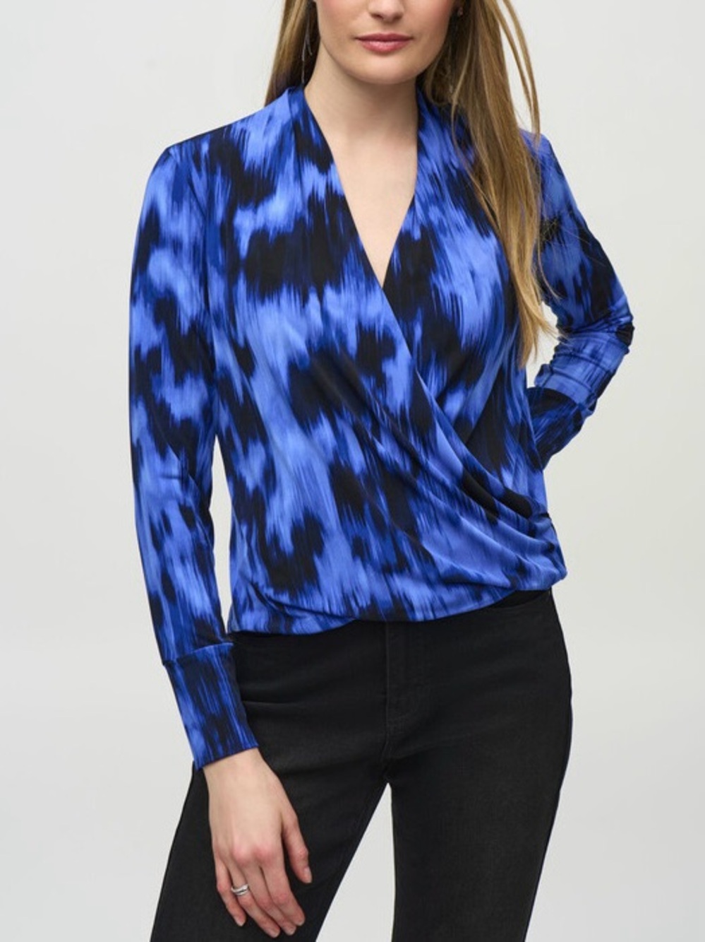 Joseph Ribkoff Abstract Print Silky Knit V-Neck Top Royal Sapphire Blue Size 14